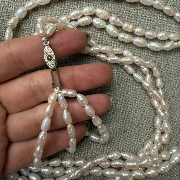 Three-Strand Hand-Knotted Freshwater Pearl Triple-Strand Necklace 35” - Picture 10 of 12